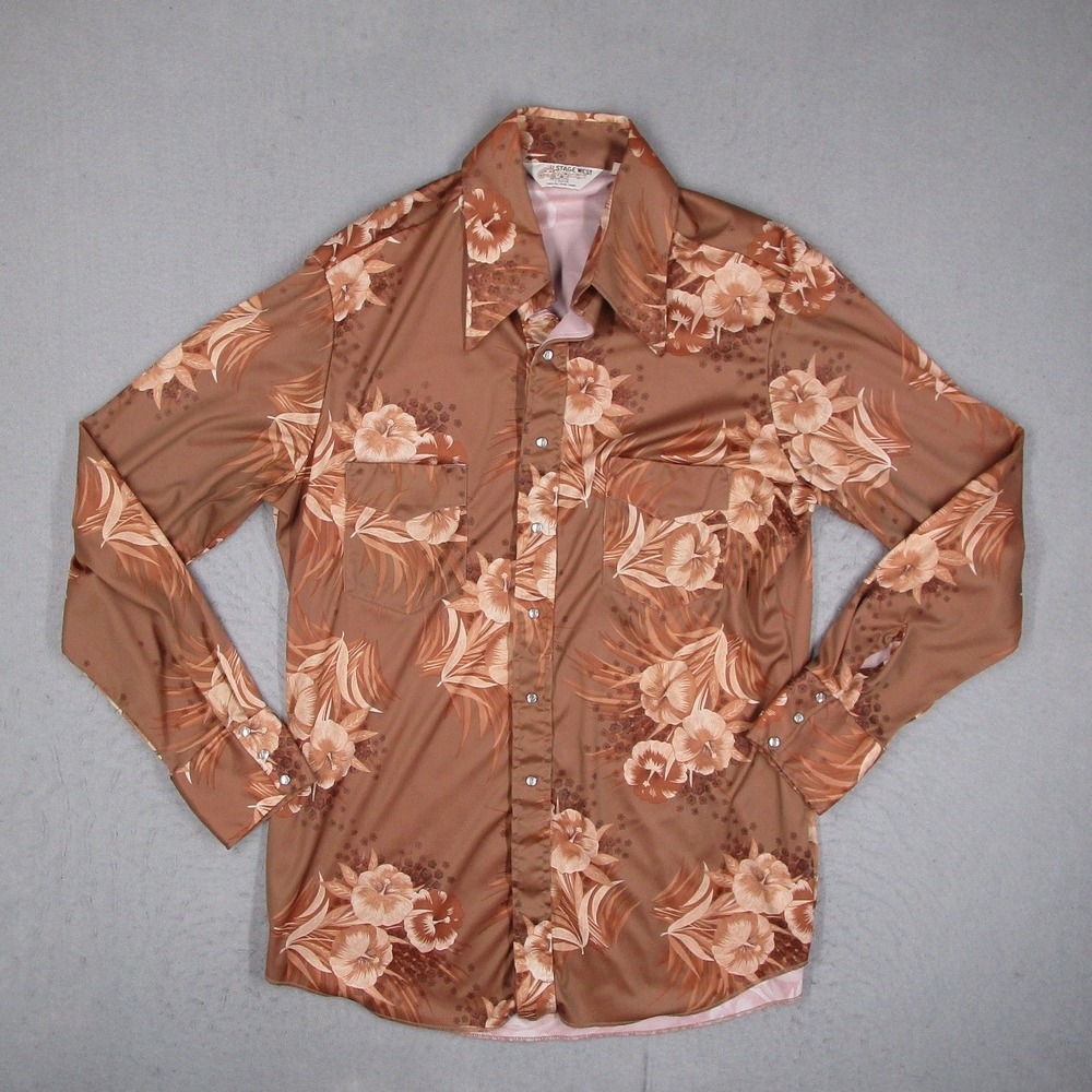 Vintage Stage West by Prior Men XL Long Brown Floral Hibiscus Western Snap Shirt